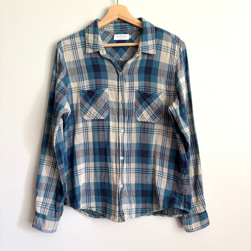 Velvet by Graham & Spencer Button Down Gauze Top Size Medium Blue Plaid Cotton